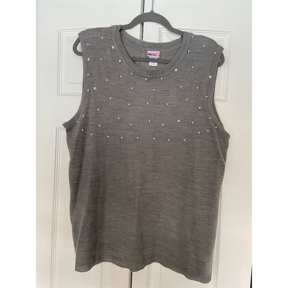 American Sweetheart Women's XL Gray Sleeveless Sweater Vest Pearl Embellished